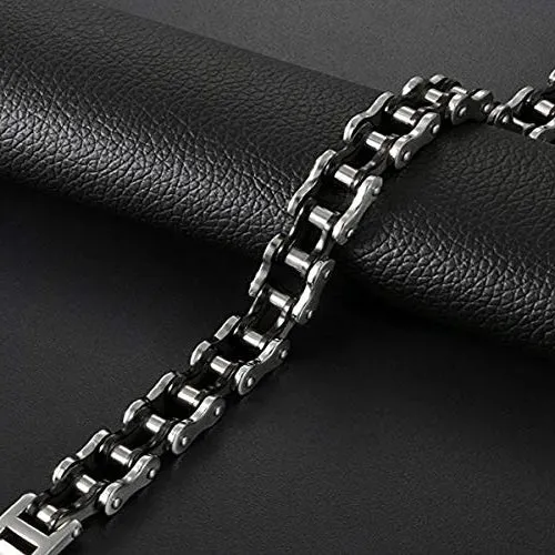 Classy Men Silver Black Steel Biker Chain Bracelet
