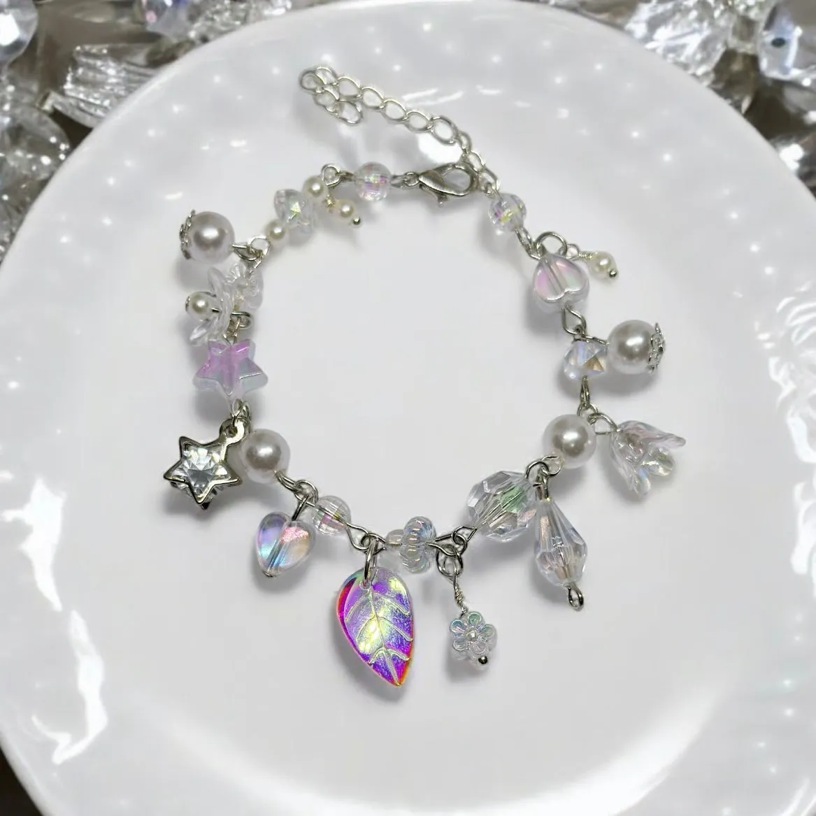 Clear iridescent bracelet with flower and leaf beads | colourful glitter bracelet | y2k 90s style