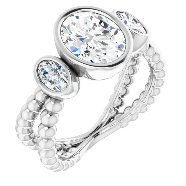 Cubic Zirconia Engagement Ring- The a'Malisa (Customizable 3-stone Oval Cut Design with 2 Oval Cut Side Stones and Wide, Bubble-Bead Split-Band)