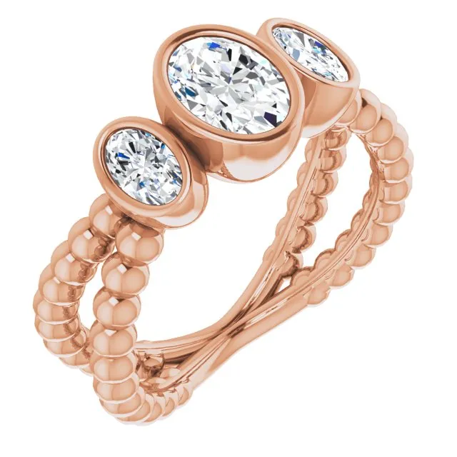 Cubic Zirconia Engagement Ring- The a'Malisa (Customizable 3-stone Oval Cut Design with 2 Oval Cut Side Stones and Wide, Bubble-Bead Split-Band)