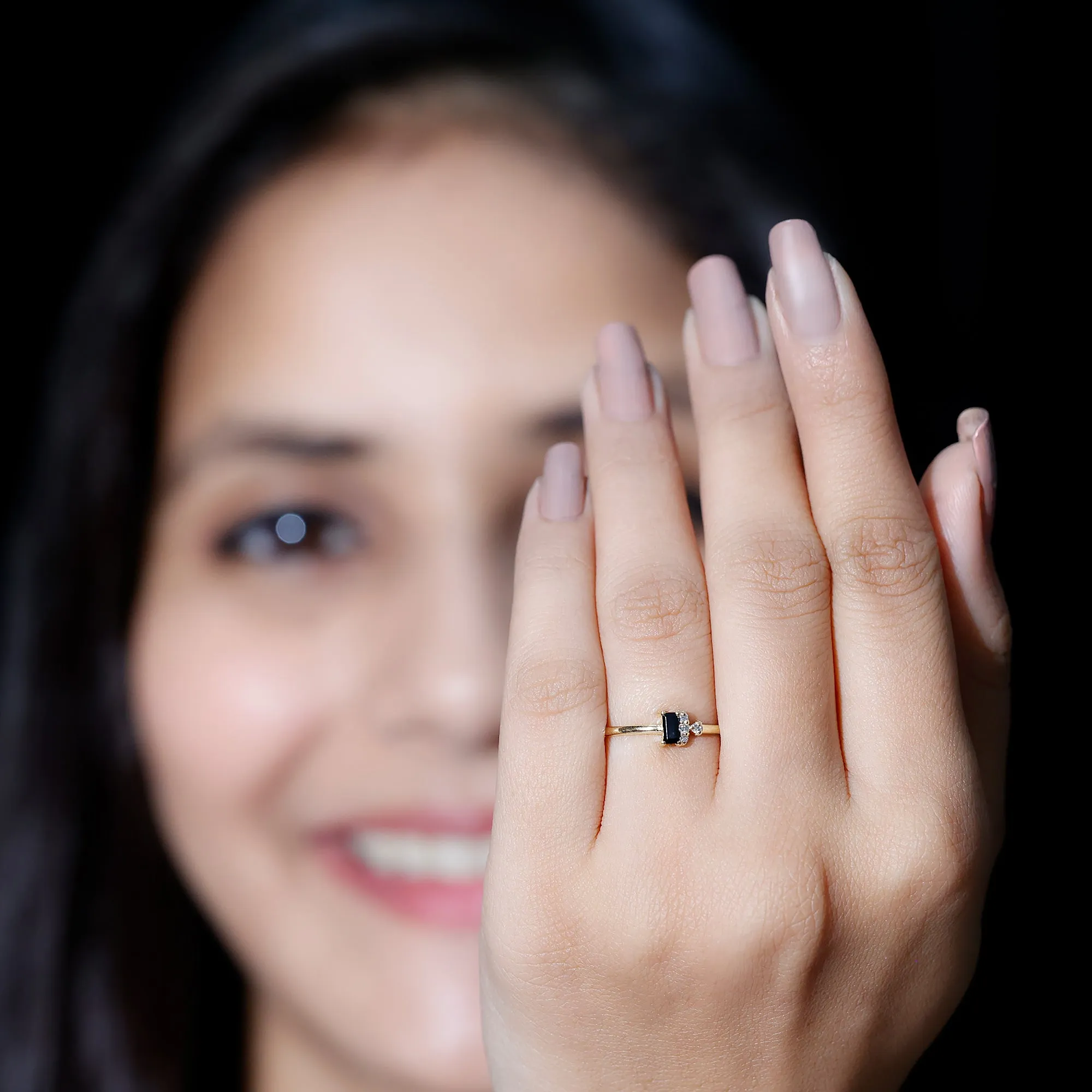 Dainty Promise Ring with Octagon Cut Black Spinel and Diamond