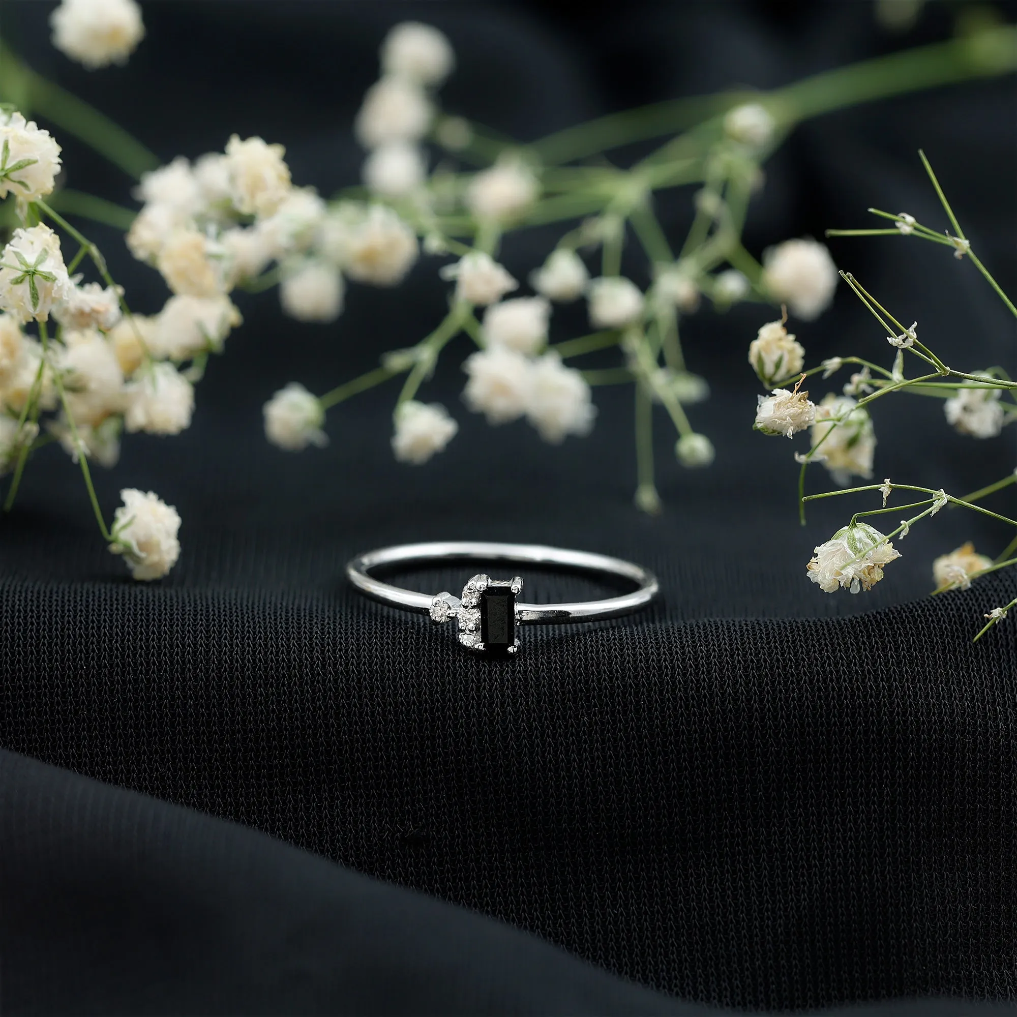 Dainty Promise Ring with Octagon Cut Black Spinel and Diamond