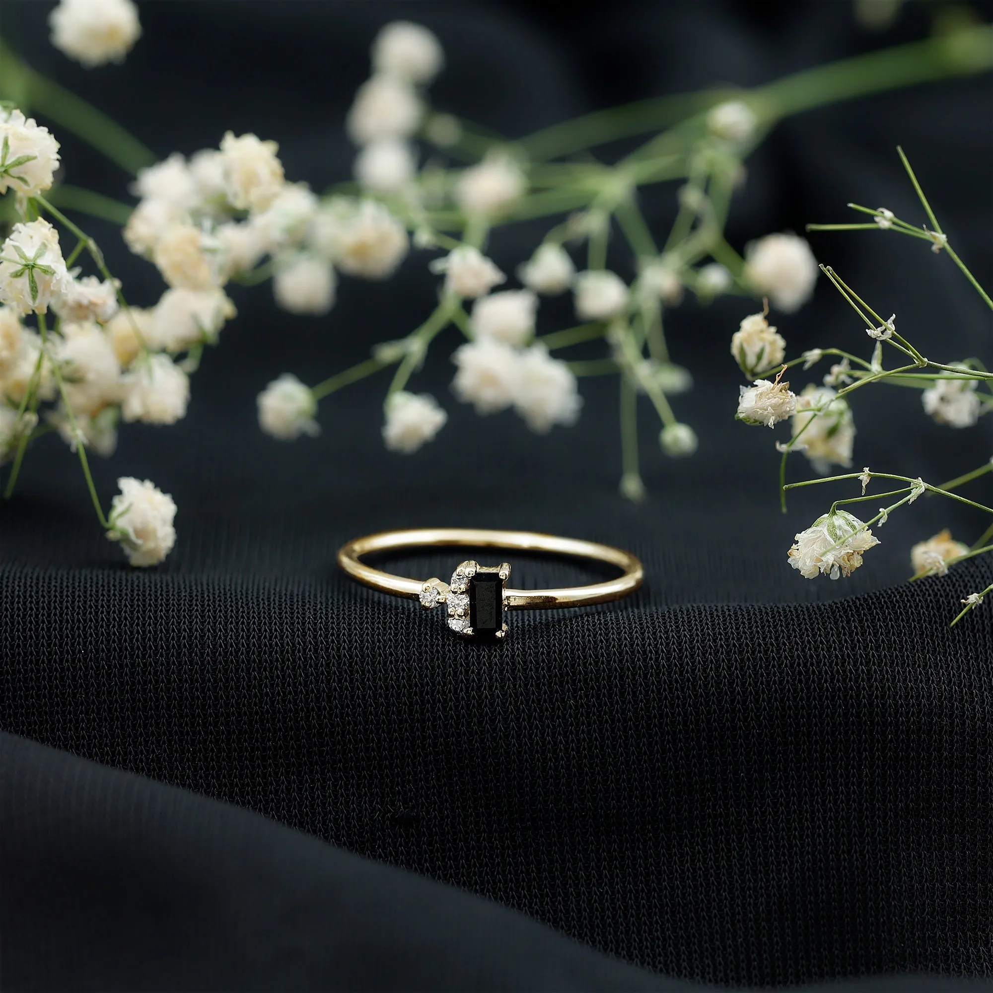 Dainty Promise Ring with Octagon Cut Black Spinel and Diamond