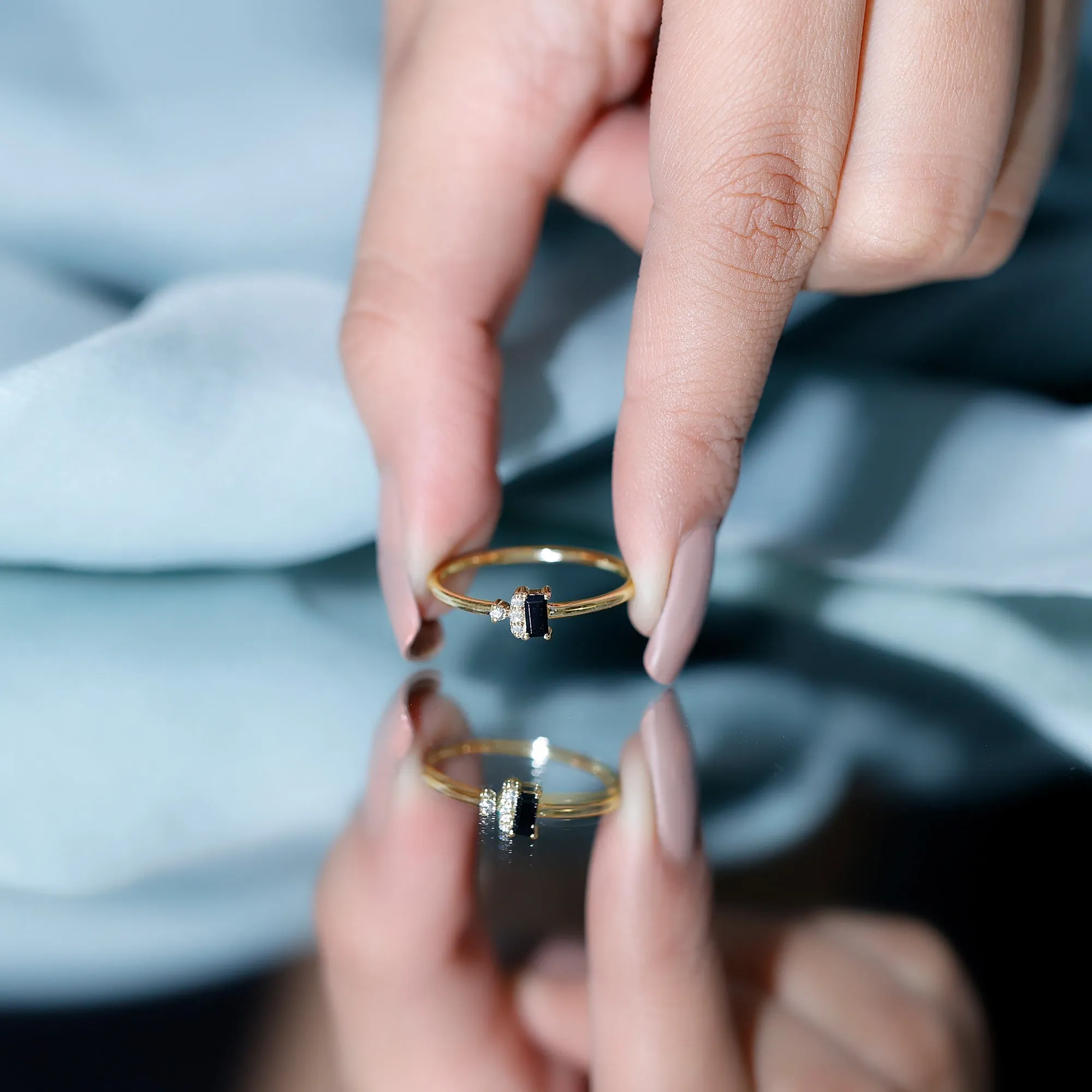 Dainty Promise Ring with Octagon Cut Black Spinel and Diamond
