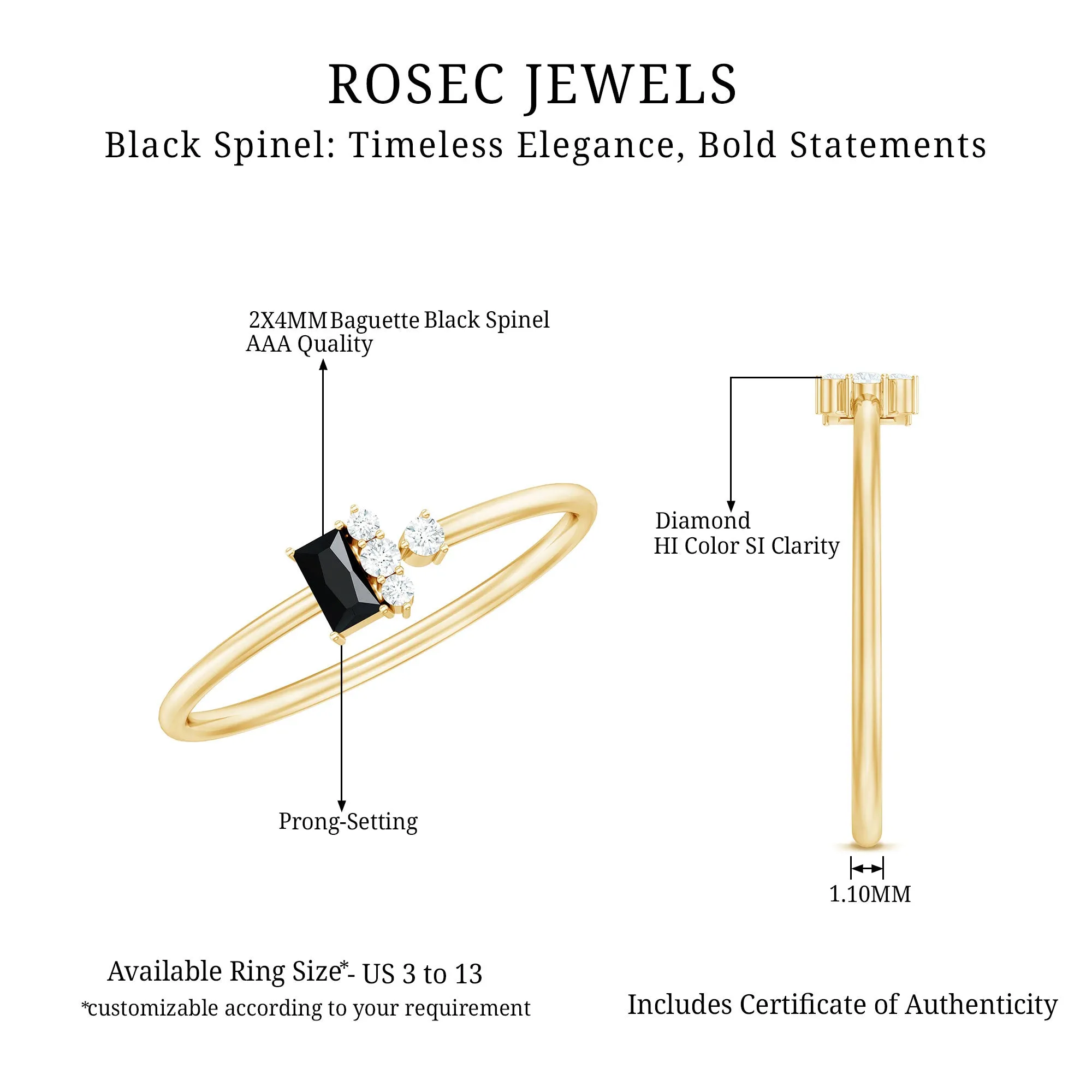 Dainty Promise Ring with Octagon Cut Black Spinel and Diamond