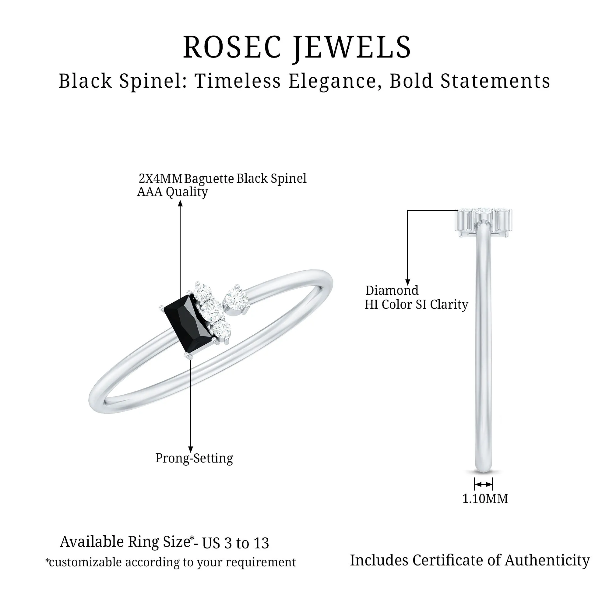 Dainty Promise Ring with Octagon Cut Black Spinel and Diamond