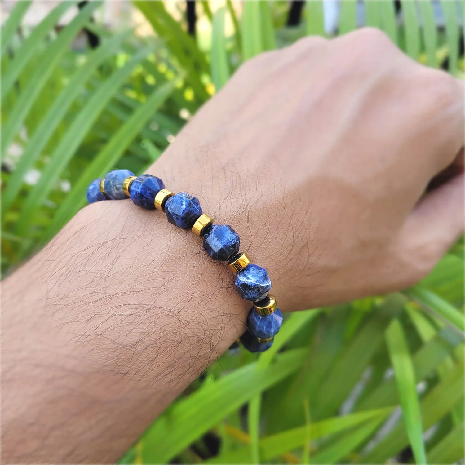 Diamond Cut Premium Sodalite With Golden Hematite Natural Stone Bracelet