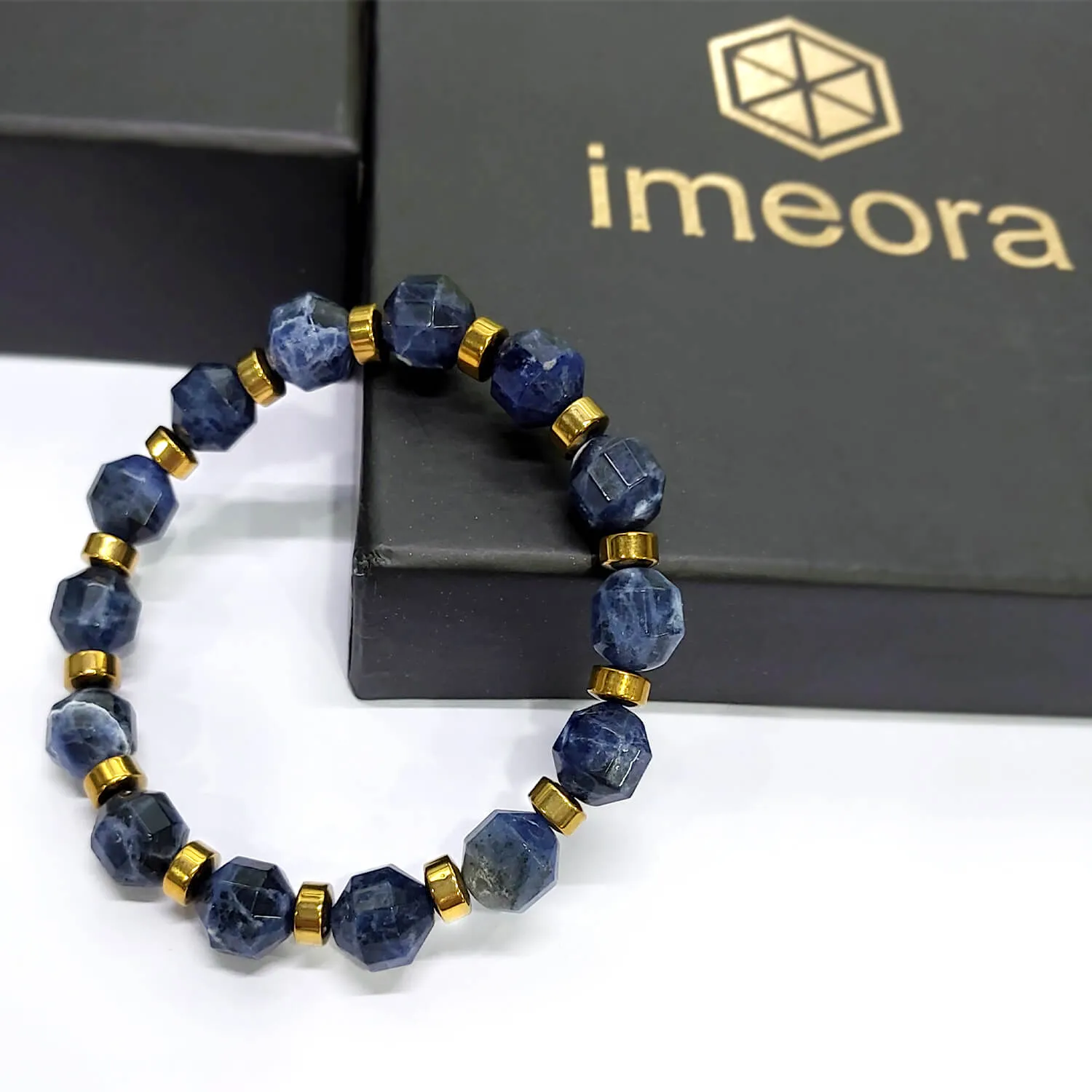Diamond Cut Premium Sodalite With Golden Hematite Natural Stone Bracelet