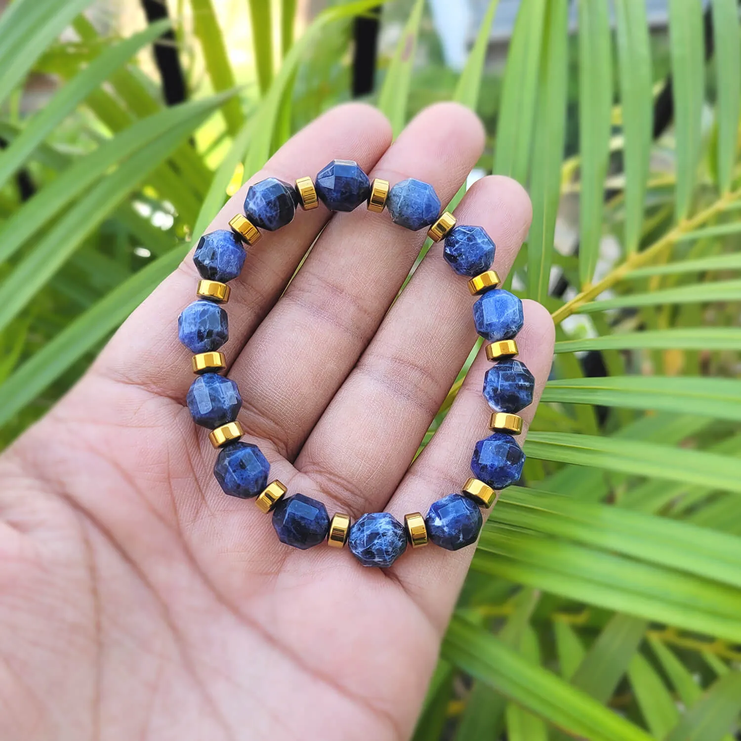 Diamond Cut Premium Sodalite With Golden Hematite Natural Stone Bracelet