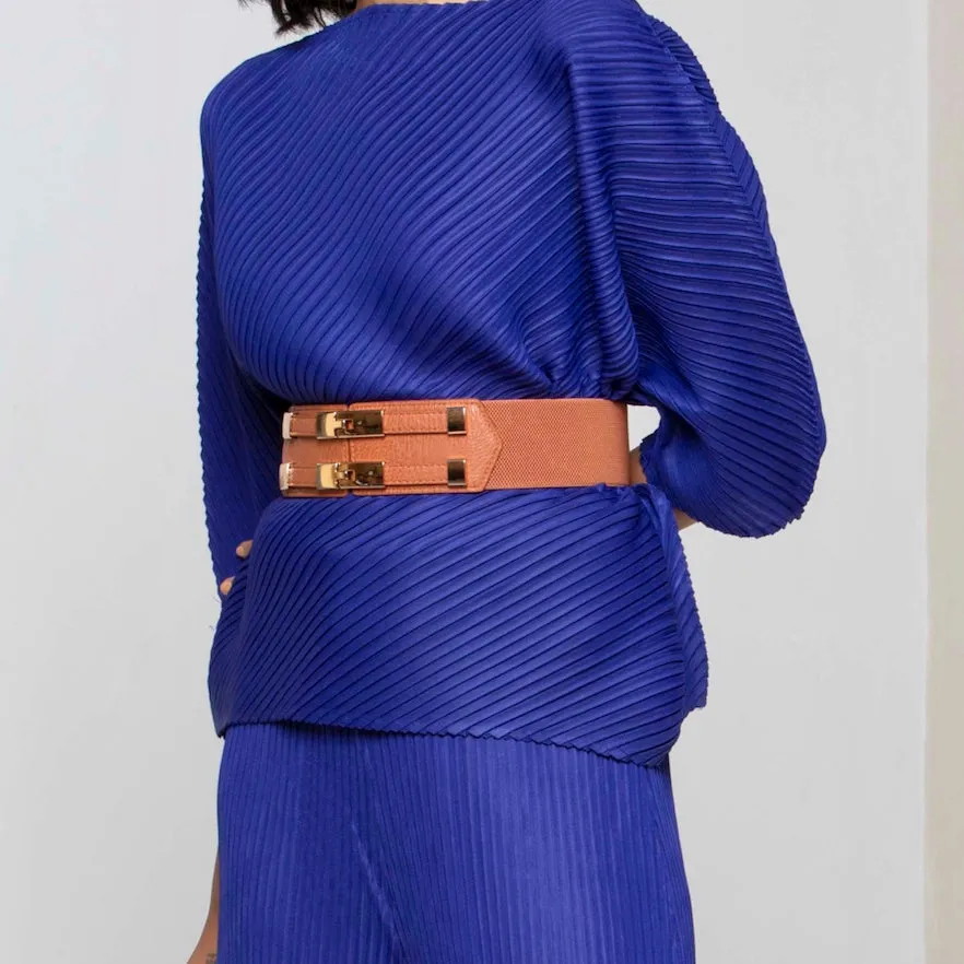 Double Clasp Elastic Belt - Tan