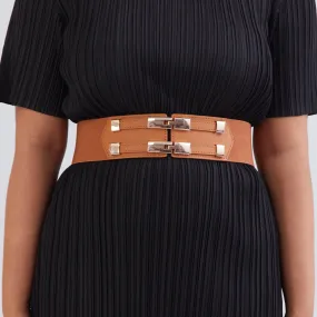 Double Clasp Elastic Belt - Tan