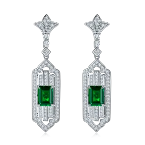 Elegant 3.65 Carat Rectangular Lab-Created Emerald Long Drop Earrings in S925 Silver Plated Platinum