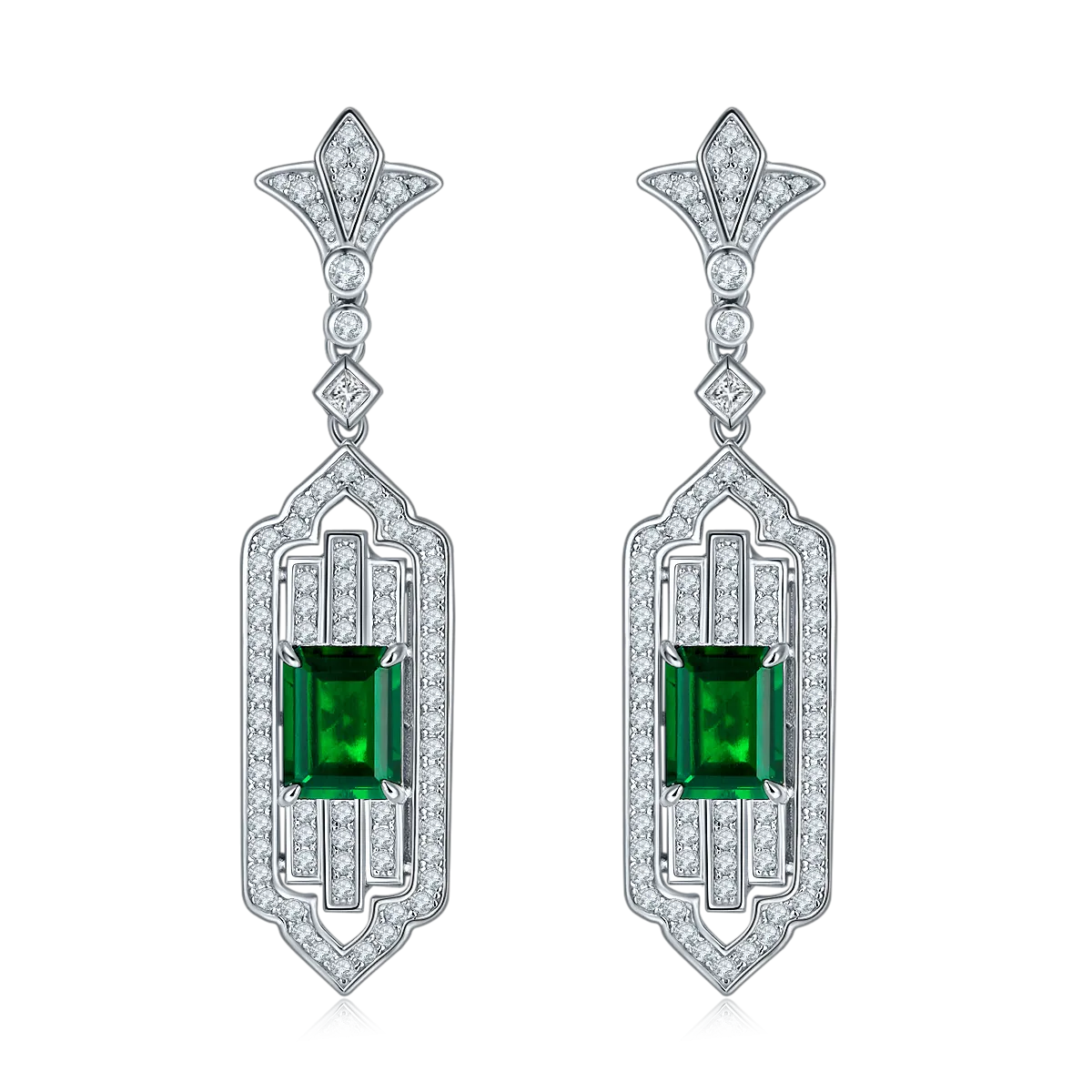 Elegant 3.65 Carat Rectangular Lab-Created Emerald Long Drop Earrings in S925 Silver Plated Platinum