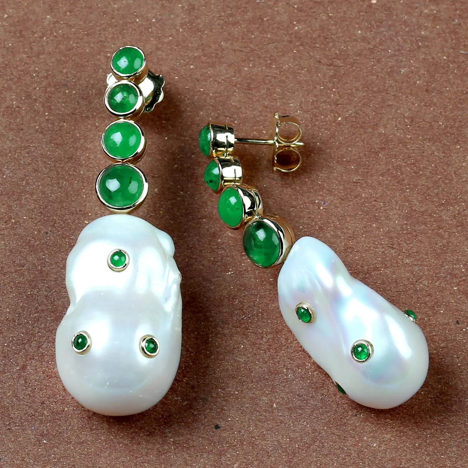 Emerald Drop/Dangle Earrings 18k Yellow Gold Pearl Handmade Jewelry