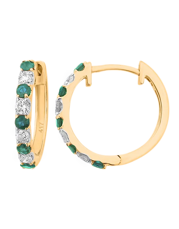 Emerald Earrings - 10ct Yellow Gold Emerald & Diamond Hoop Earrings - 786278