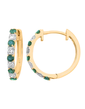 Emerald Earrings - 10ct Yellow Gold Emerald & Diamond Hoop Earrings - 786278