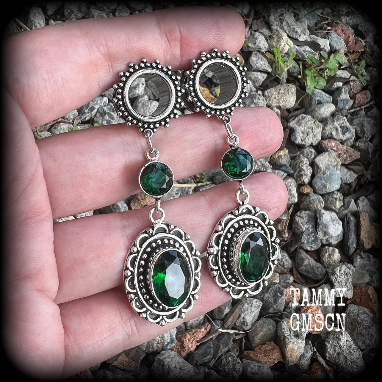 Emerald green gemstone tunnel earrings