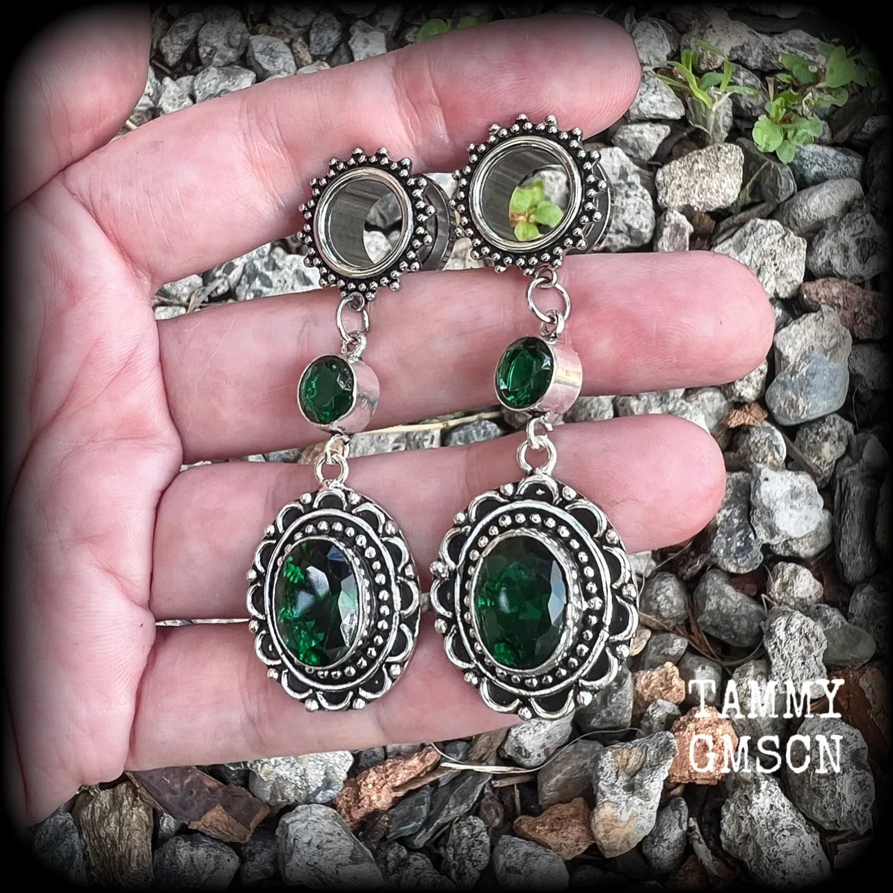 Emerald green gemstone tunnel earrings