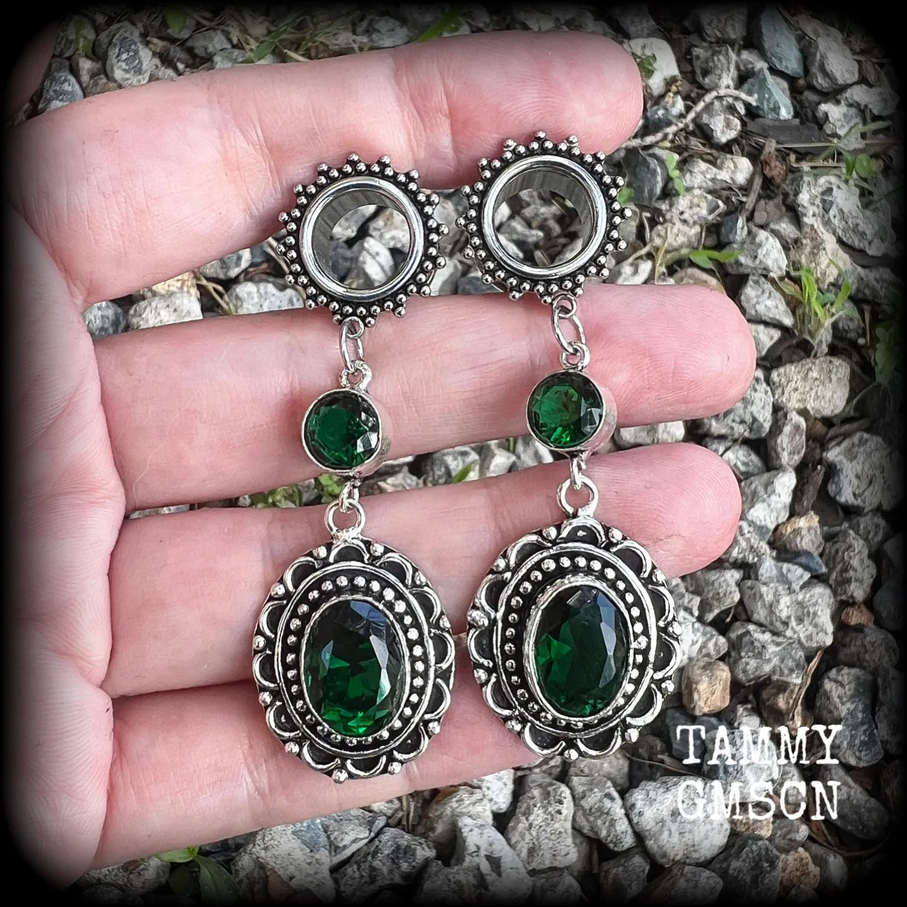 Emerald green gemstone tunnel earrings