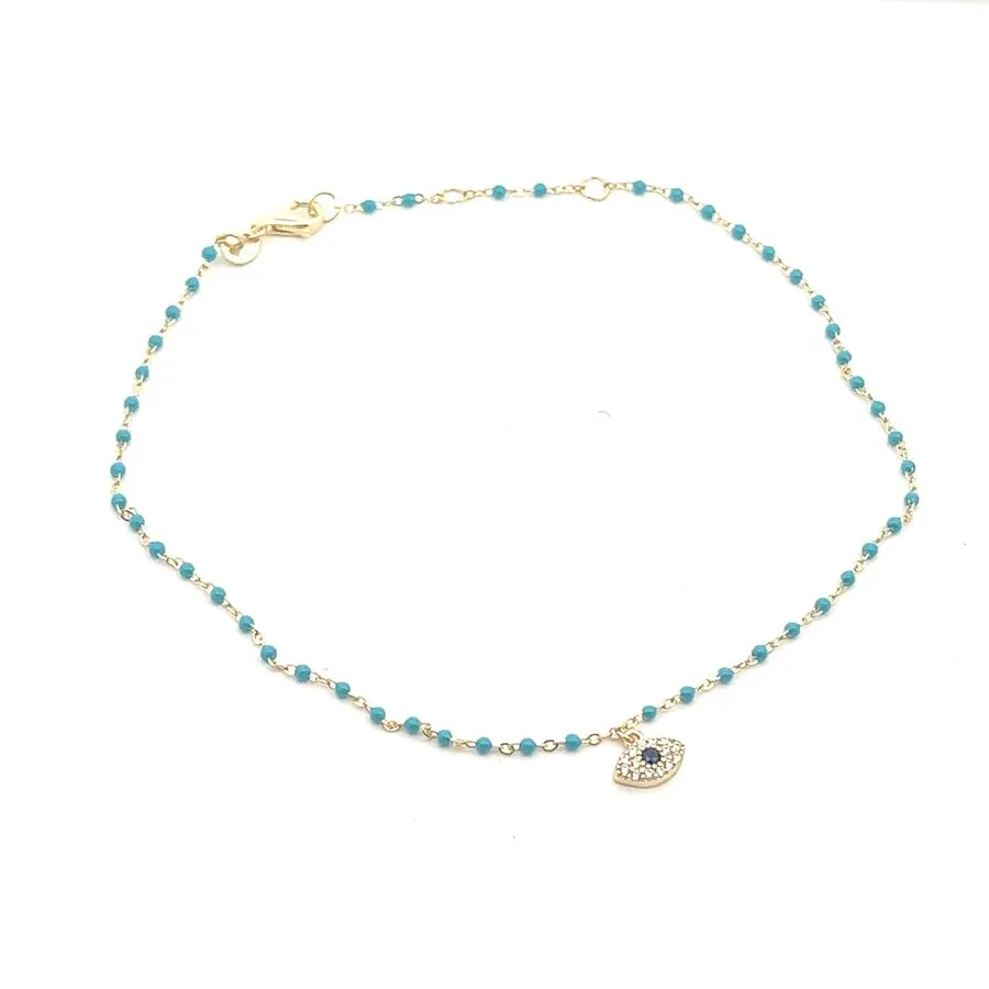 Evil Eye Lucky Bead Anklet 14k Gold Plated .925 Sterling Silver Diamond CZ Dainty Protection Anklets
