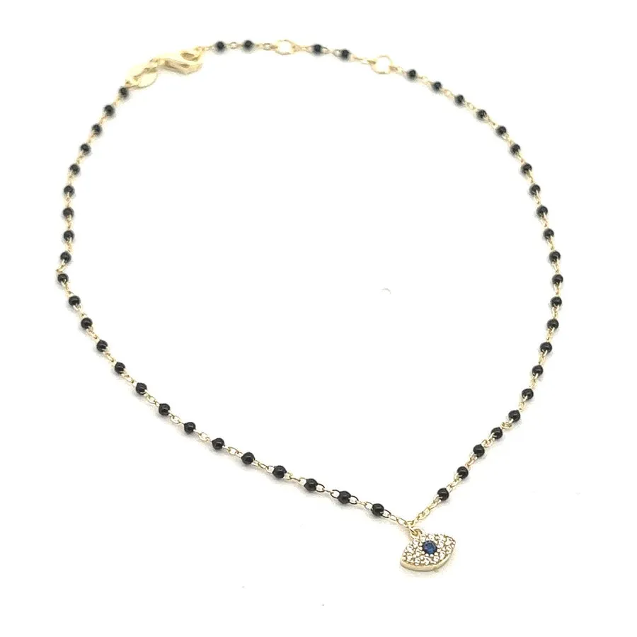 Evil Eye Lucky Bead Anklet 14k Gold Plated .925 Sterling Silver Diamond CZ Dainty Protection Anklets