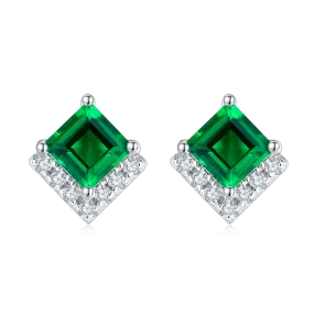 Gala Fireworks Princess Cut Lab-Created Emerald Sterling Silver Stud Earrings