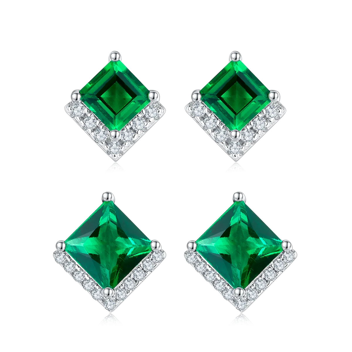 Gala Fireworks Princess Cut Lab-Created Emerald Sterling Silver Stud Earrings