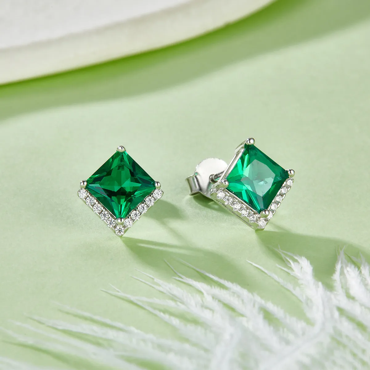 Gala Fireworks Princess Cut Lab-Created Emerald Sterling Silver Stud Earrings