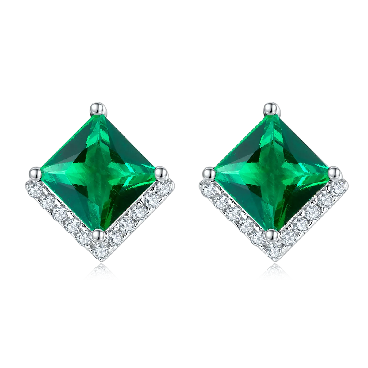Gala Fireworks Princess Cut Lab-Created Emerald Sterling Silver Stud Earrings