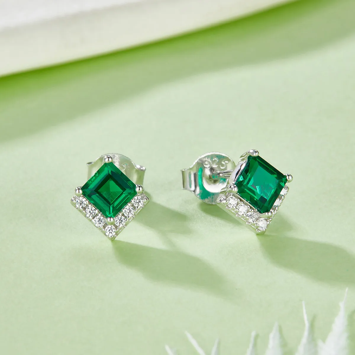 Gala Fireworks Princess Cut Lab-Created Emerald Sterling Silver Stud Earrings