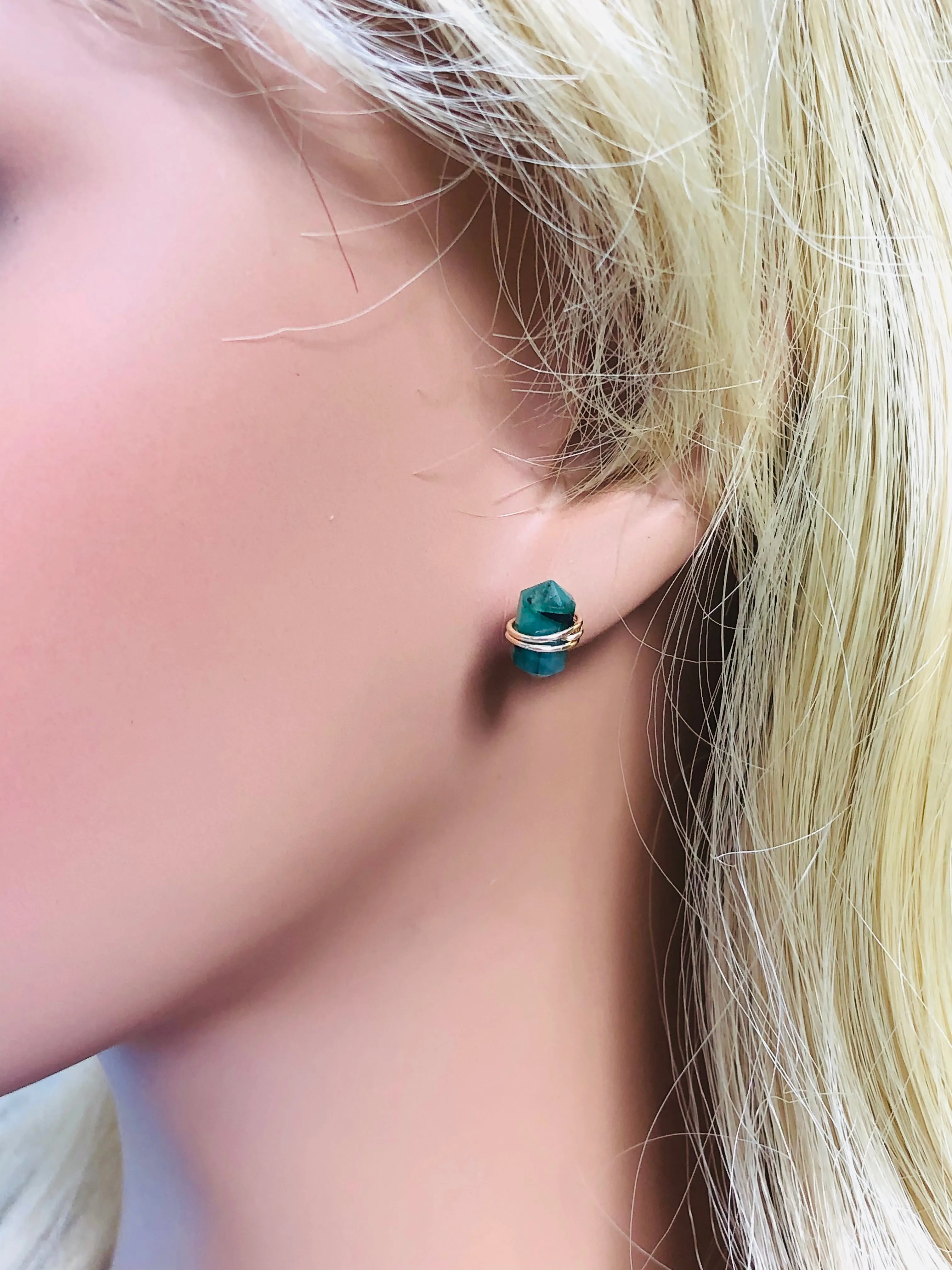 Genuine Emerald point post Earrings, dainty Genuine Emerald stud earrings, artisan Genuine Emerald  earrings