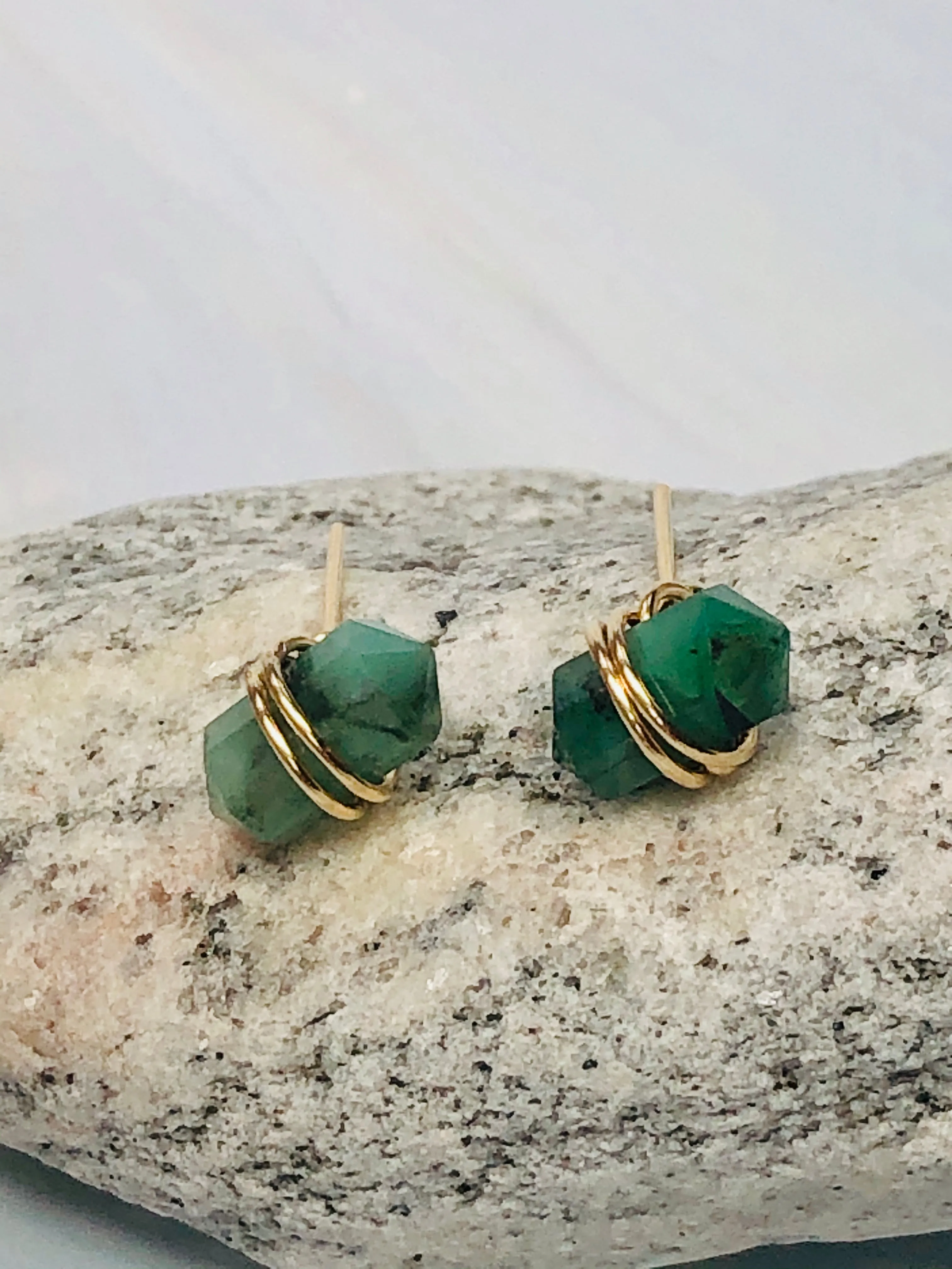 Genuine Emerald point post Earrings, dainty Genuine Emerald stud earrings, artisan Genuine Emerald  earrings
