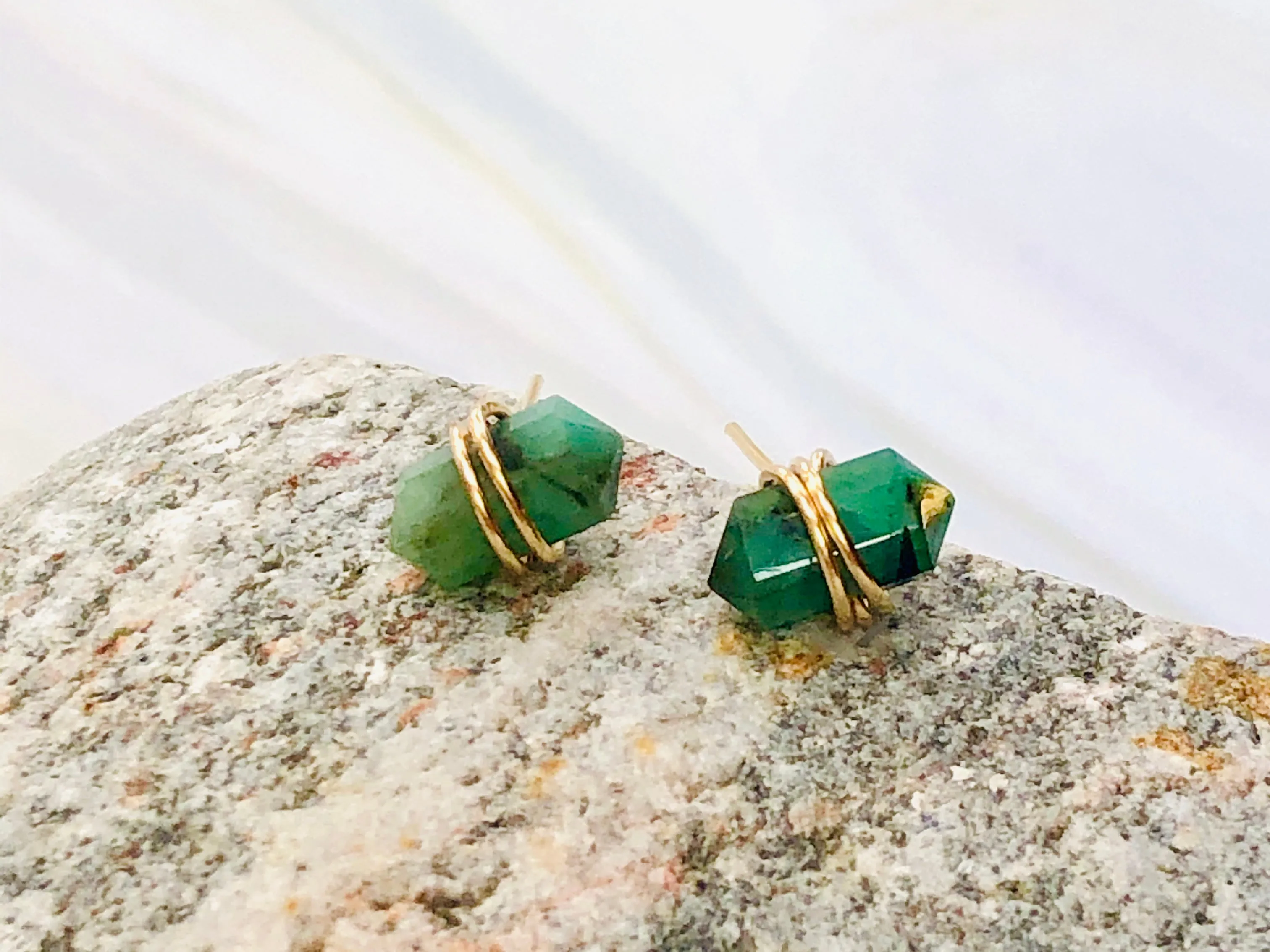 Genuine Emerald point post Earrings, dainty Genuine Emerald stud earrings, artisan Genuine Emerald  earrings