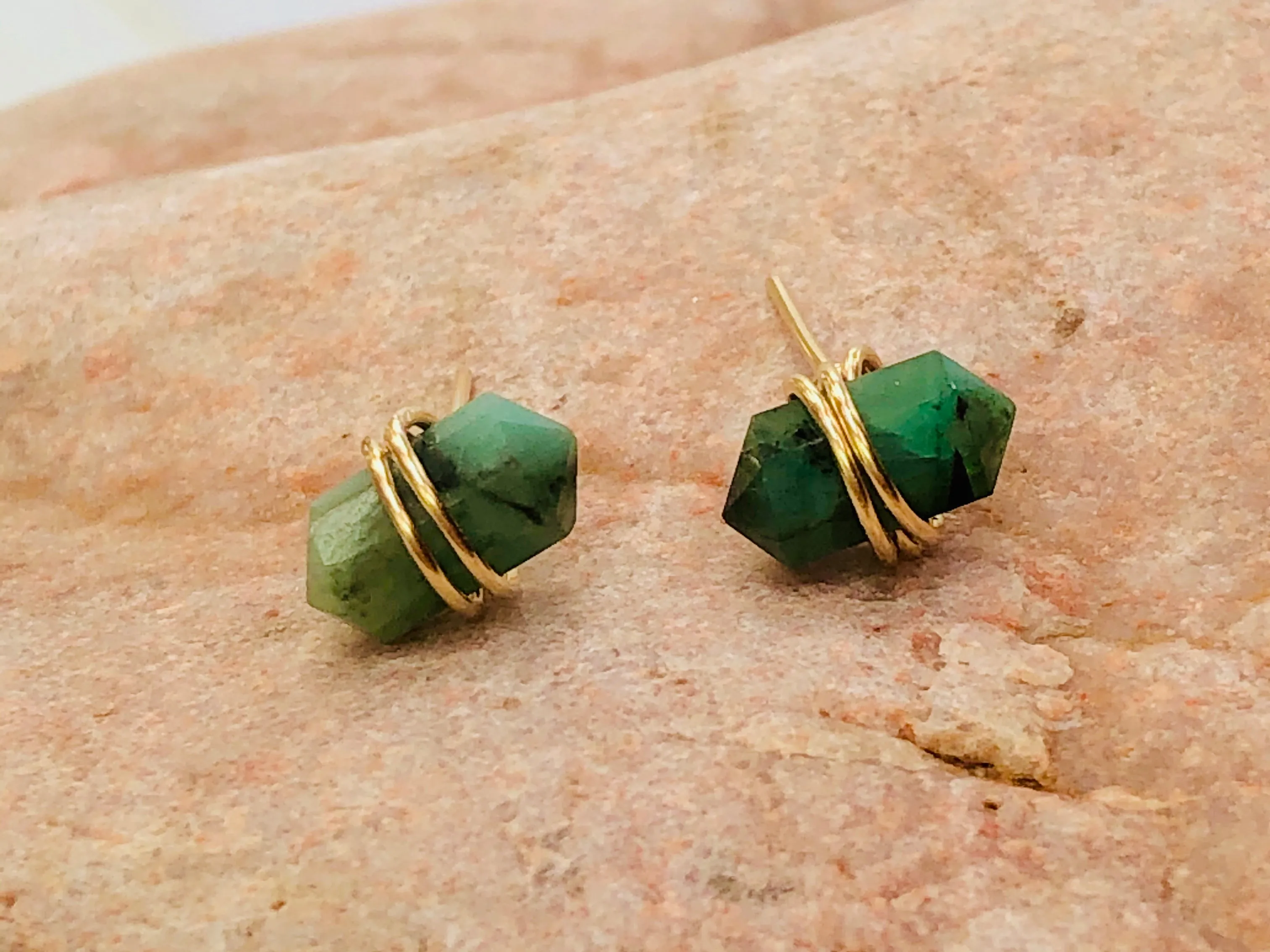 Genuine Emerald point post Earrings, dainty Genuine Emerald stud earrings, artisan Genuine Emerald  earrings