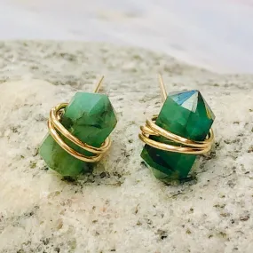 Genuine Emerald point post Earrings, dainty Genuine Emerald stud earrings, artisan Genuine Emerald  earrings