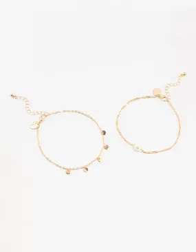Gold Pearl Disc Pendant Anklets 2-Pack