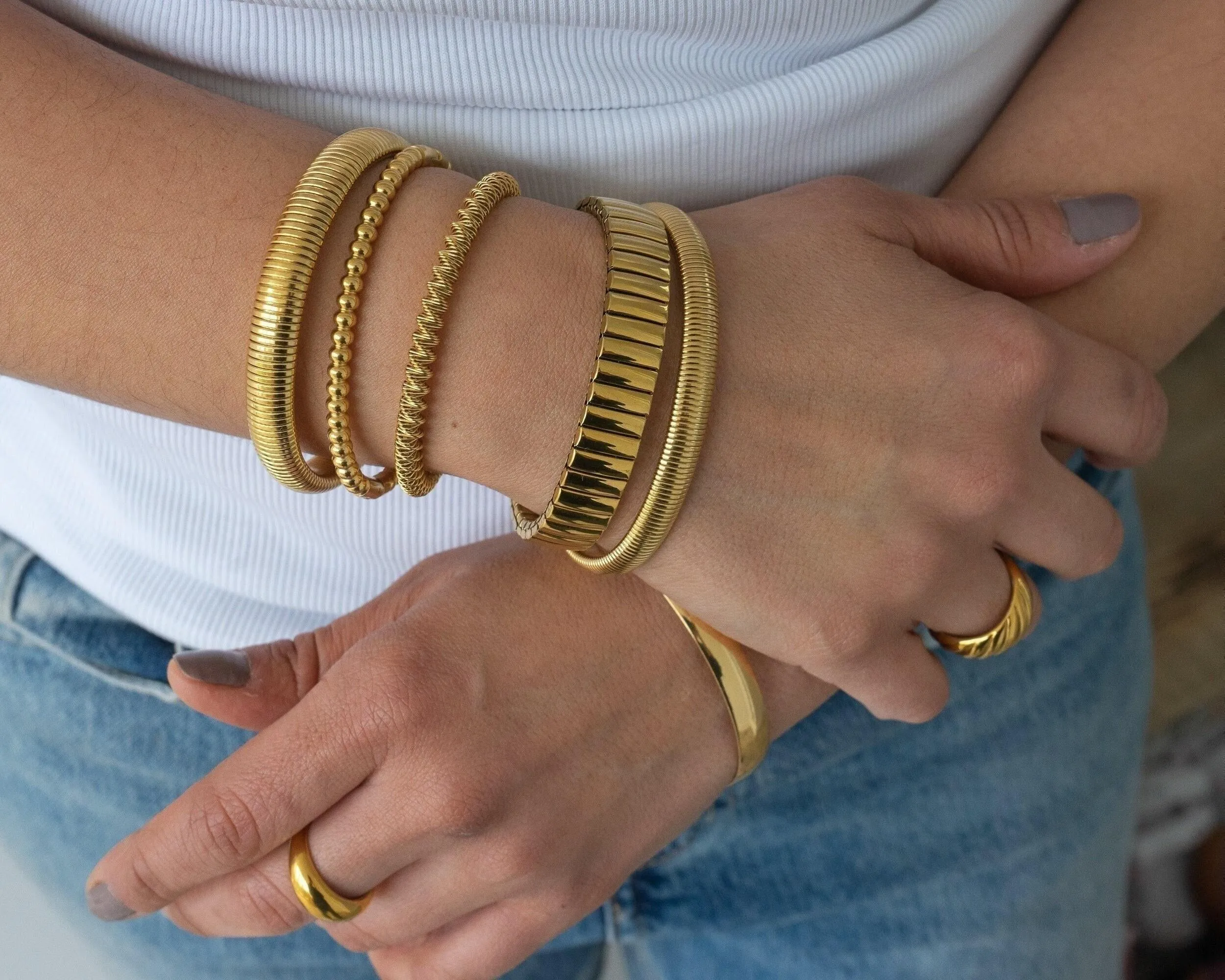 Gold Round Ball Beaded Bangle Bracelet
