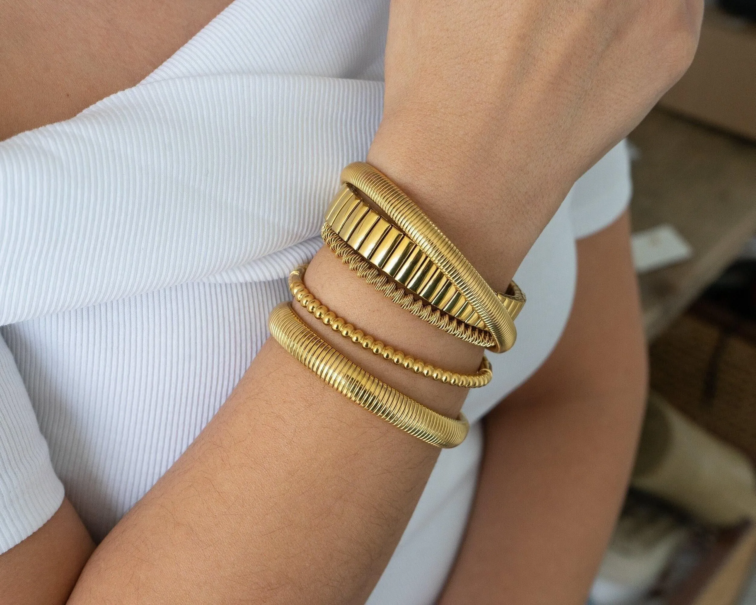 Gold Round Ball Beaded Bangle Bracelet