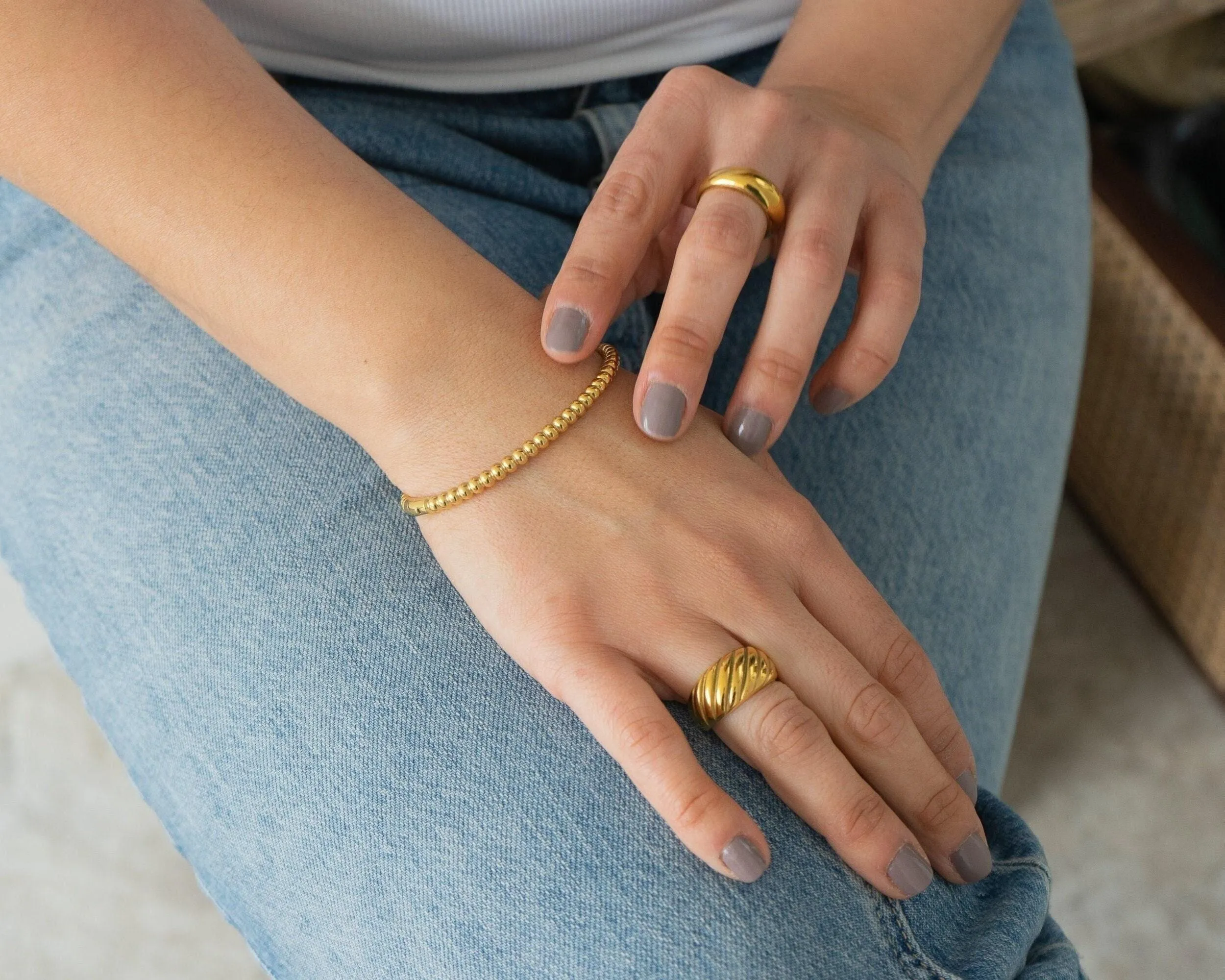 Gold Round Ball Beaded Bangle Bracelet