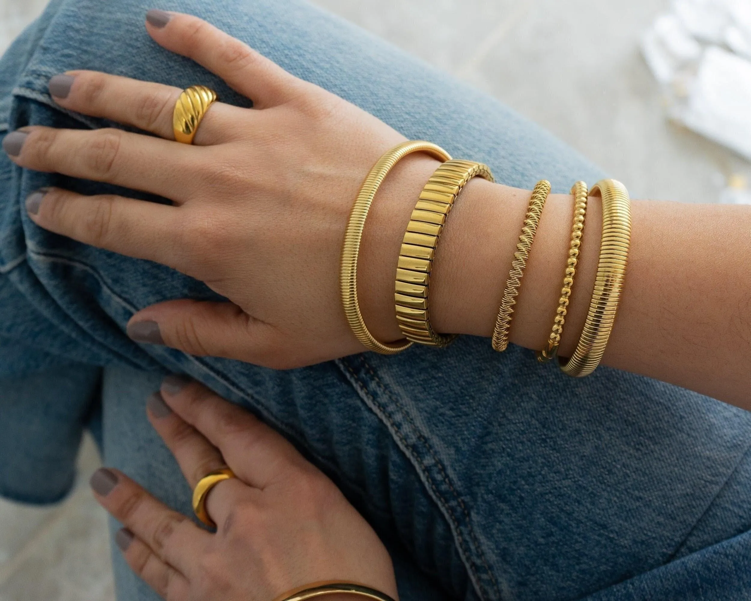 Gold Round Ball Beaded Bangle Bracelet