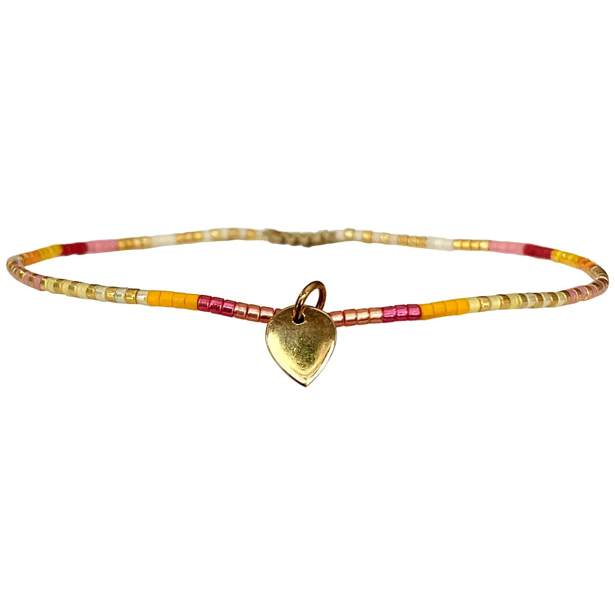 HANDMADE ANKLET BRACELET IN BRIGHT TONES WITH BRONZE HEART CHARM