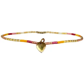 HANDMADE ANKLET BRACELET IN BRIGHT TONES WITH BRONZE HEART CHARM