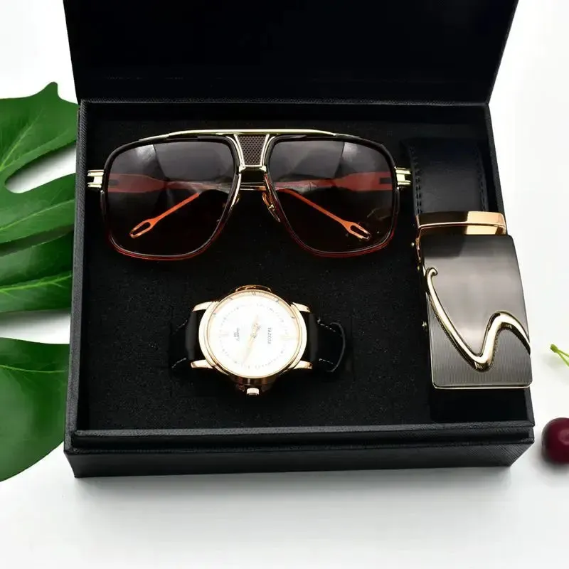 High Quality Men's Business Gift Set Sunglasses Belt Boy Birthday Surprise Quartz Watch Gift Box New Year's Gift Including Box