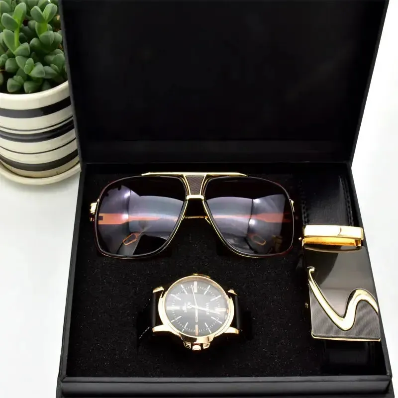 High Quality Men's Business Gift Set Sunglasses Belt Boy Birthday Surprise Quartz Watch Gift Box New Year's Gift Including Box