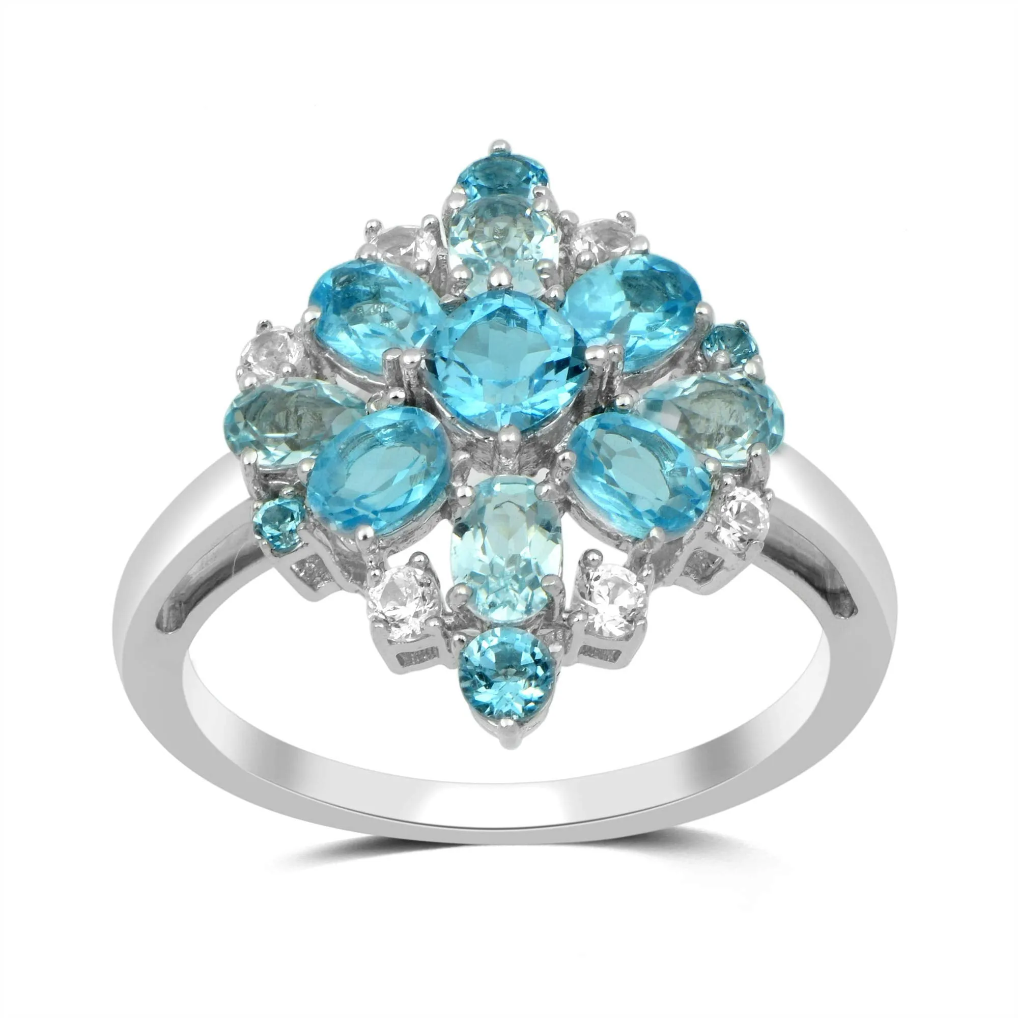 Jewelili Sterling Silver With Swiss Blue Topaz with Sky Blue Topaz and Created White Sapphire Cocktail Ring
