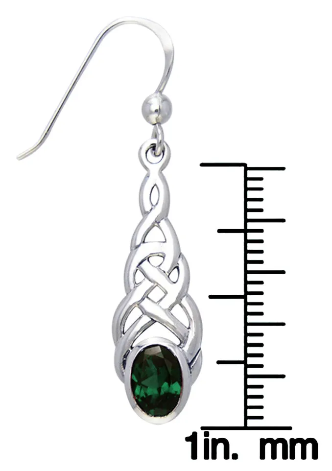 Jewelry Trends Sterling Silver Celtic Linear Knot Work Elegant Dangle Earrings with Green Glass
