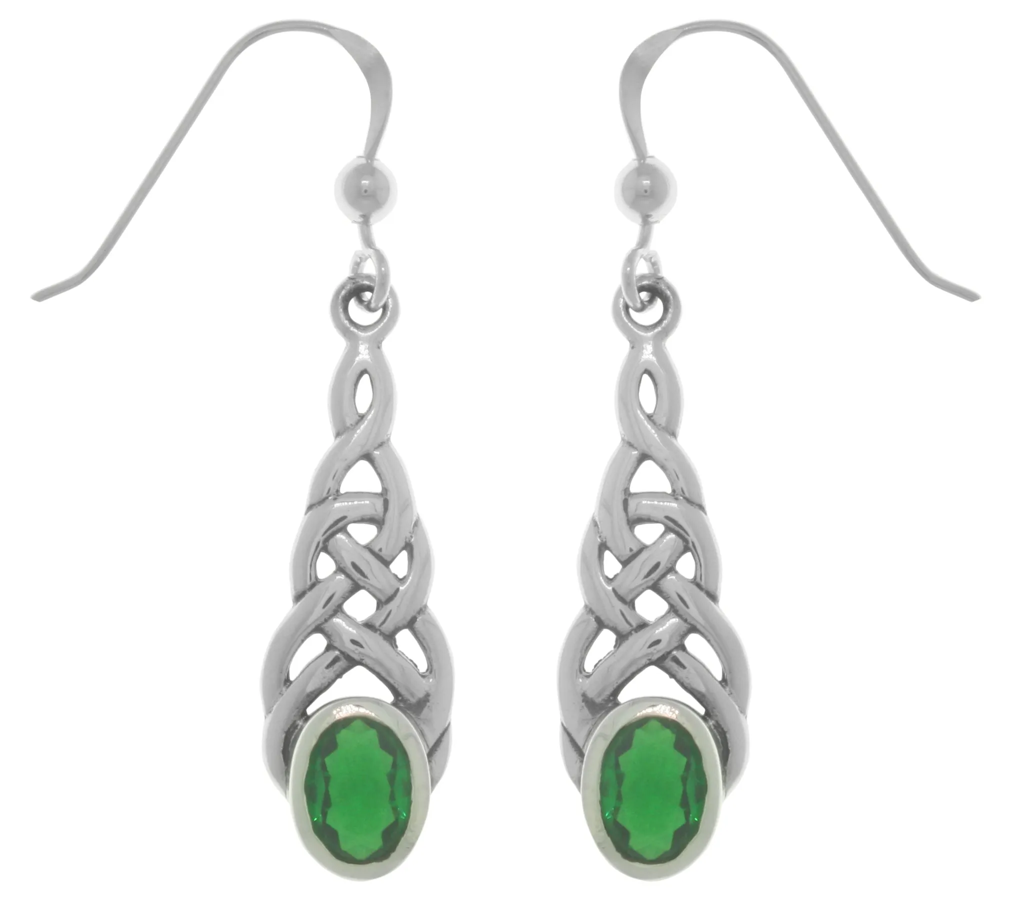 Jewelry Trends Sterling Silver Celtic Linear Knot Work Elegant Dangle Earrings with Green Glass