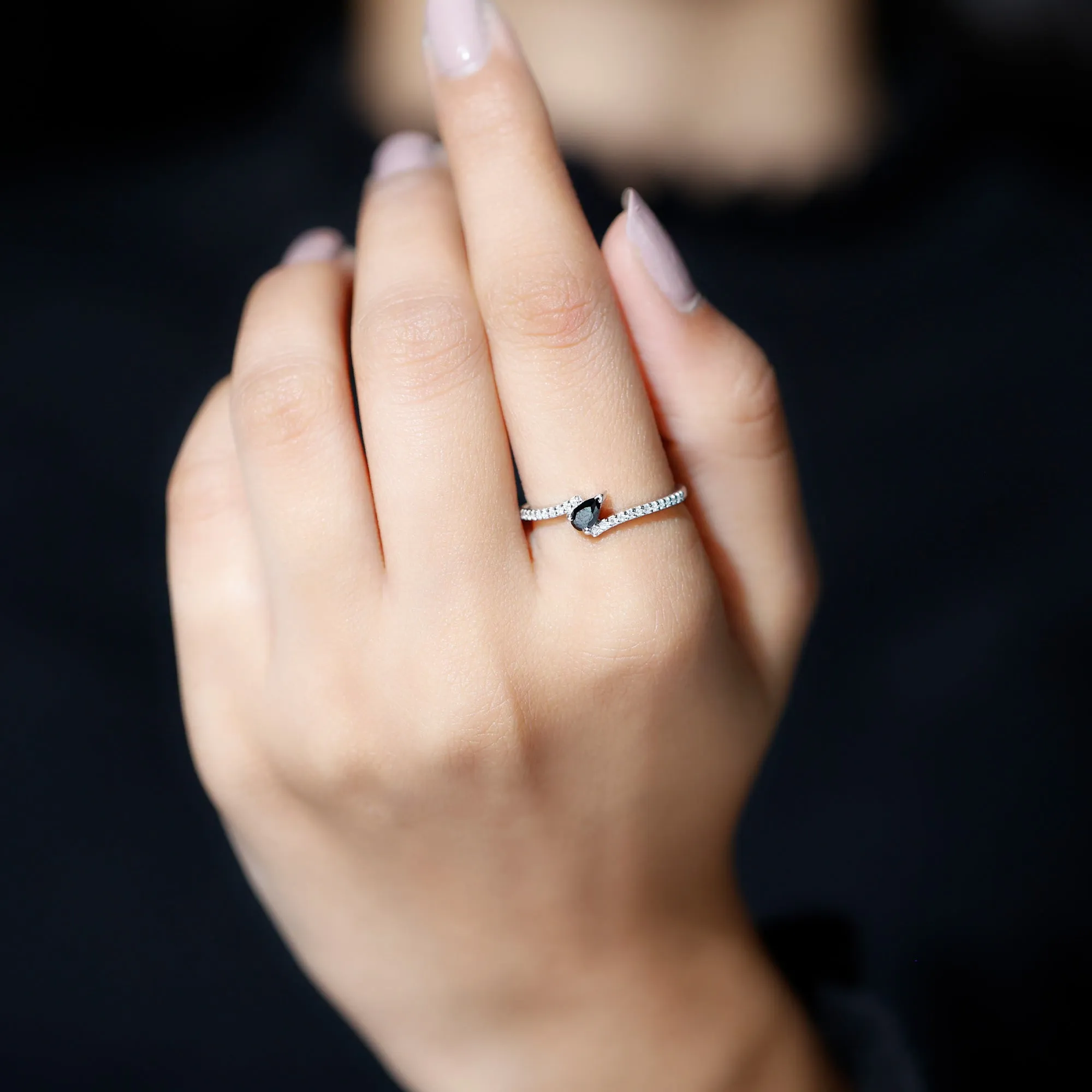 Lab Grown Black Diamond Titled Bypass Promise Ring with Diamond