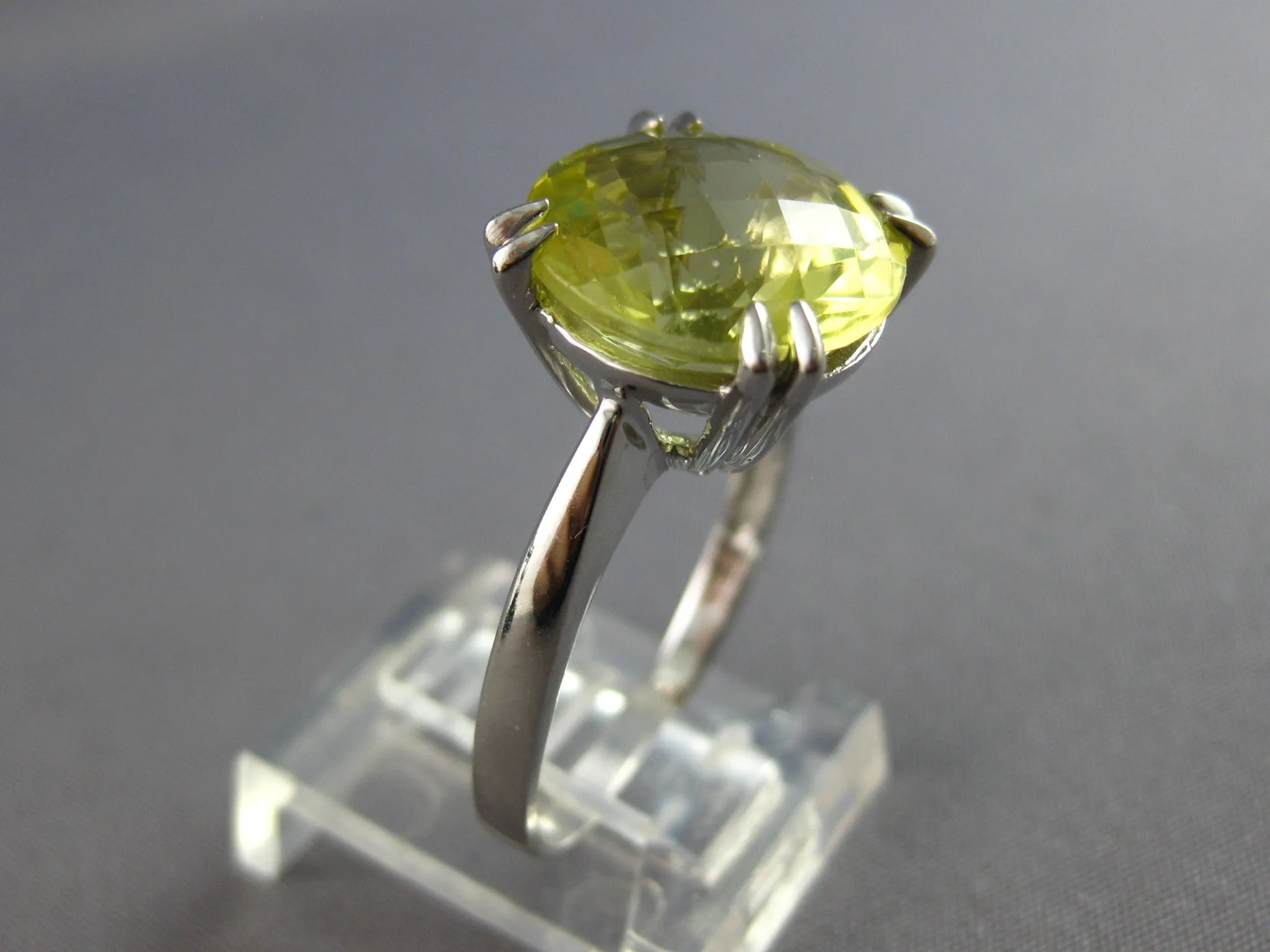 LARGE 8.0CT AAA LEMON QUARTZ 14KT WHITE GOLD 3D ROUND SOLITAIRE FUN RING #27891