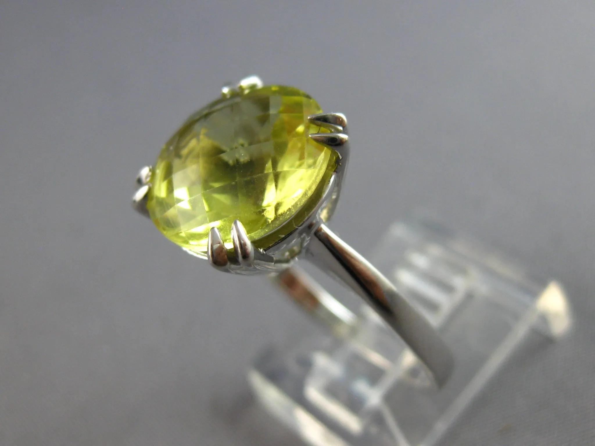 LARGE 8.0CT AAA LEMON QUARTZ 14KT WHITE GOLD 3D ROUND SOLITAIRE FUN RING #27891